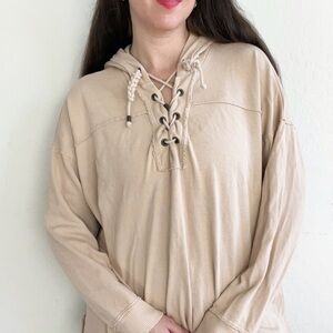 Aerie Beige Oversized 100% Cotton Sunday Soft Lace Up Hoodie